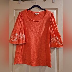 Crown & Ivy Coral Floral Embroidered Blouse